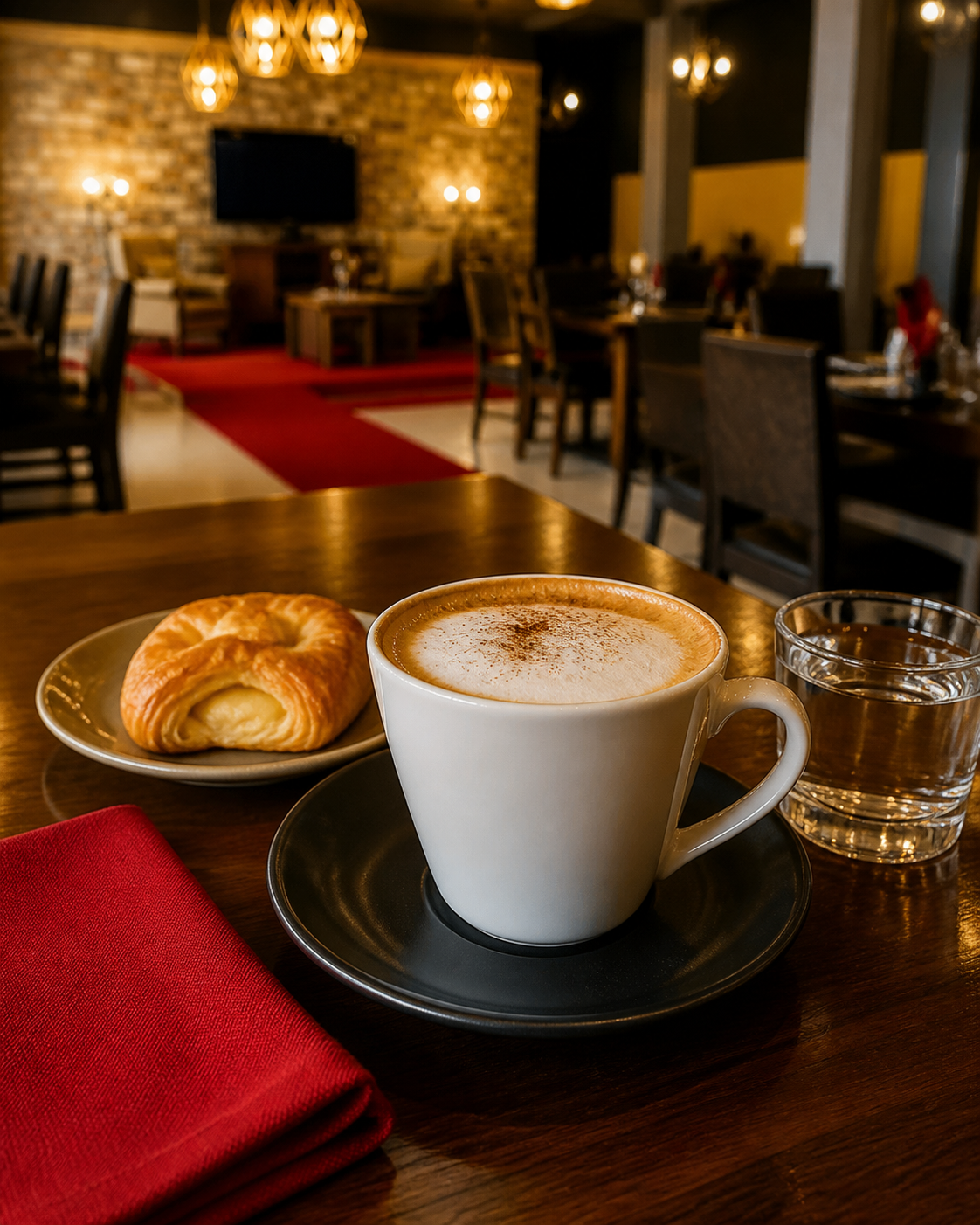 Coffee and pastry set on a dark wood table inside TKO