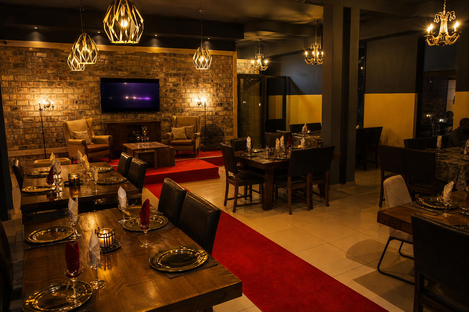 Warm evening view of TKO's spacious dining room and lounge area