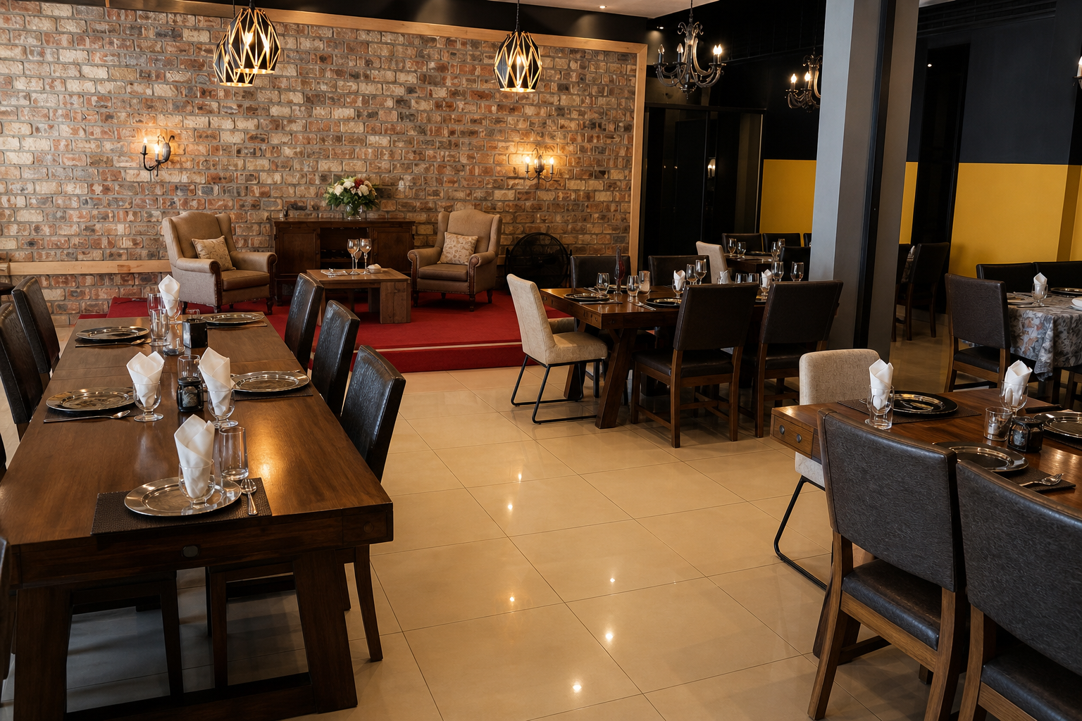 TKO dining room with exposed brick, red carpet and warm pendant lighting