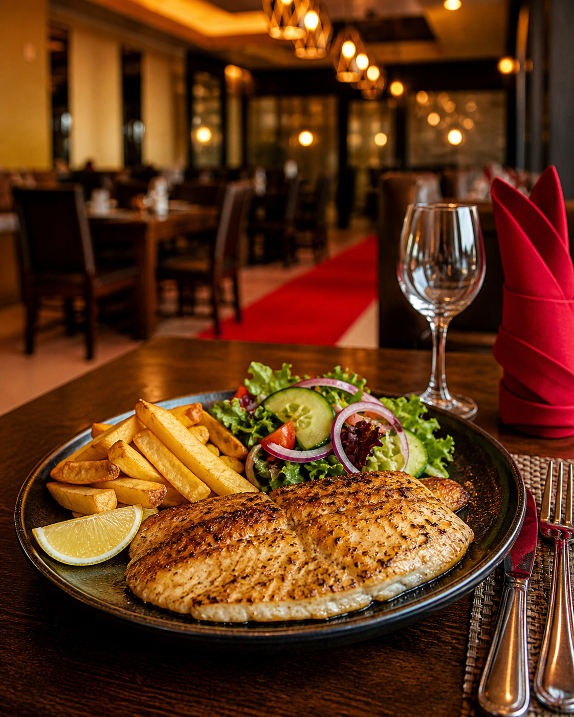 Zambezi bream with chips and side salad served on a dark plate